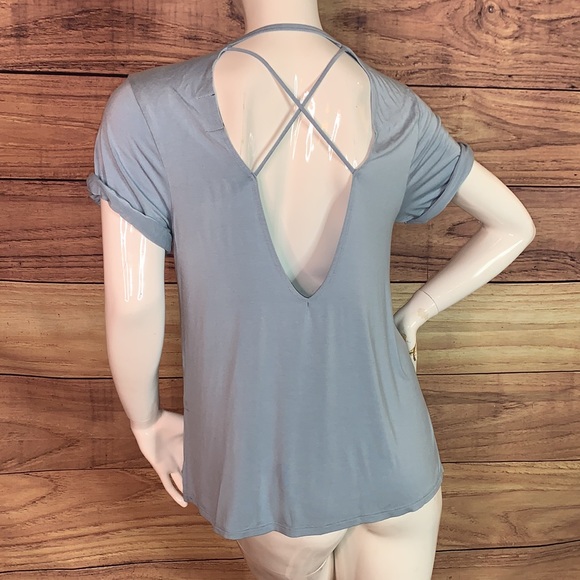 NUX Back talk open crisscross strap back silky top baby blue tee deep V sz L LG - Picture 6 of 9